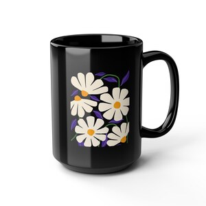 Charming Floral Black Mug, 15oz Coffee Cup, Gift for Flower Lovers, Tea Mug for Cozy Vibes, Best Friend Gift, Mother&#39;s Day Gift