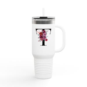 Floral Initial Insulated Travel Mug - 40oz, Personalized Coffee Cup, Gift for Her, Custom Travel Tumbler, Spring Coffee Mug