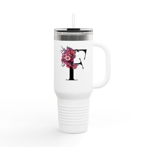 Floral Initial Insulated Travel Mug, Personalized Drinkware, 40oz Tumblers, Wedding Gifts, Floral Mug for Her, Custom Insulated Cup