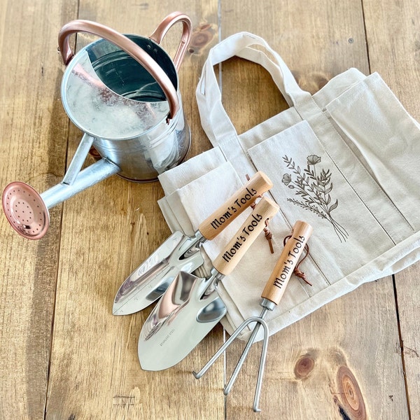 Personalisiertes Geschenk für Gärtner Tasche mit Handwerkzeug-Set gravierte Gartenwerkzeuge und persönlicher Canvas Tote Ernte-Taschen-Organizer