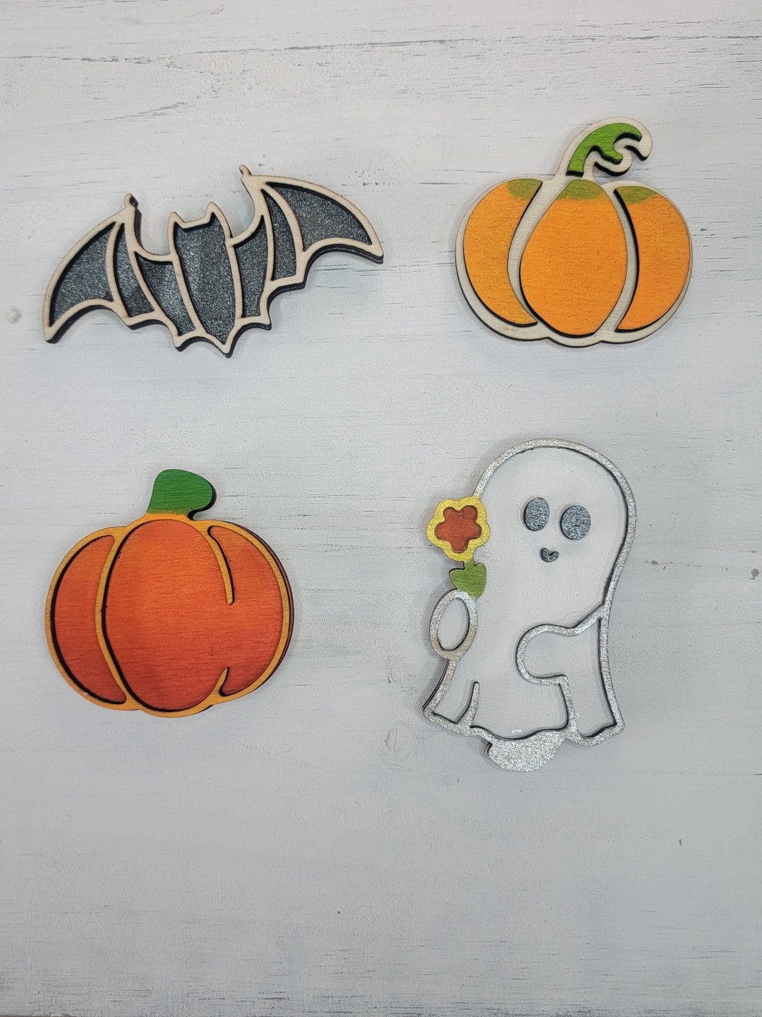 Set of Four Halloween Magnets/ Ghost Girl, Bat and Pumpkins/ Spooky ...
