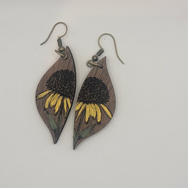 Black Eyed Susan Floral Handmade Wood Earrings/ Laser Engraved Walnut Jewelry/ Light Weight Dangles/ Yellow Accessories/ Gift for her