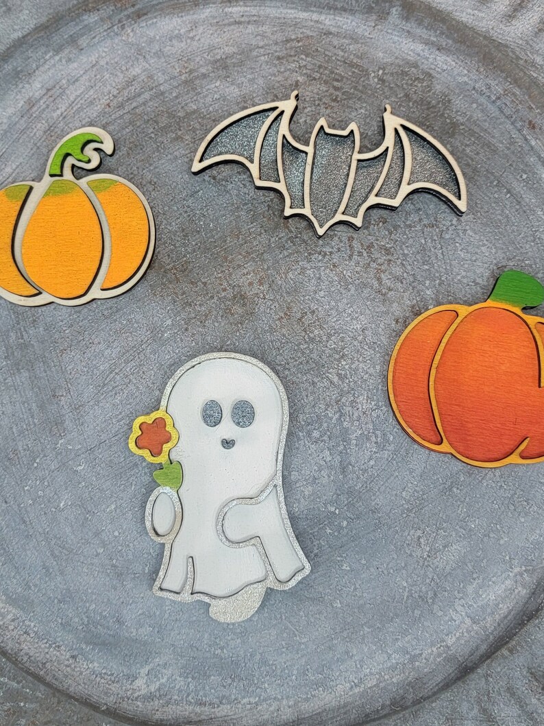 Set of Four Halloween Magnets/ Ghost Girl, Bat and Pumpkins/ Spooky ...