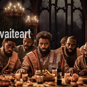 May include: A digital painting depicting a group of men gathered around a table, reminiscent of a biblical scene. The men, all with dark skin and beards, are dressed in robes. The scene is illuminated by candlelight, creating a warm, inviting atmosphere.