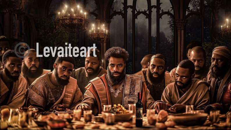 May include: A digital painting depicting a group of men gathered around a table, reminiscent of a biblical scene. The men, all with dark skin and beards, are dressed in robes. The scene is illuminated by candlelight, creating a warm, inviting atmosphere.