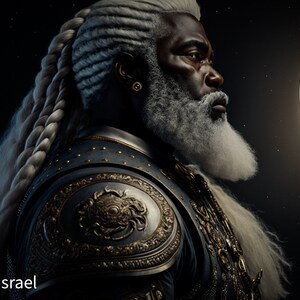 Pode incluir: Obra de arte digital que retrata um homem negro com uma longa barba branca e cabelo branco trançado, vestindo uma armadura ornamentada. A imagem é definida contra um fundo escuro e estrelado com uma grande lua. A armadura tem detalhes dourados.