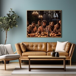 May include: A framed artwork depicting a group of men seated at a table, illuminated by candlelight. The artwork is displayed above a brown leather sofa and wooden coffee table. The text "Levait&eacute; Art" is visible in the upper right corner.