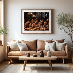 May include: A framed print depicting a group of men seated around a table, illuminated by candlelight. The artwork is set in a dark, ornate interior. The frame is a warm brown, and the print is displayed above a brown leather sofa with decorative pillows.