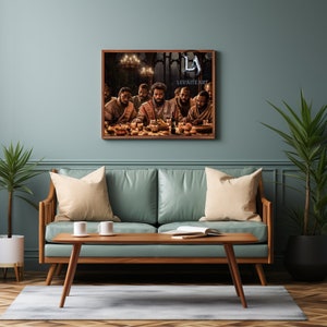 May include: A framed artwork depicting a group of men gathered around a table laden with food and drink. The artwork is in a dark, warm color palette, with the figures dressed in robes. The artwork is hanging on a teal wall above a green sofa.
