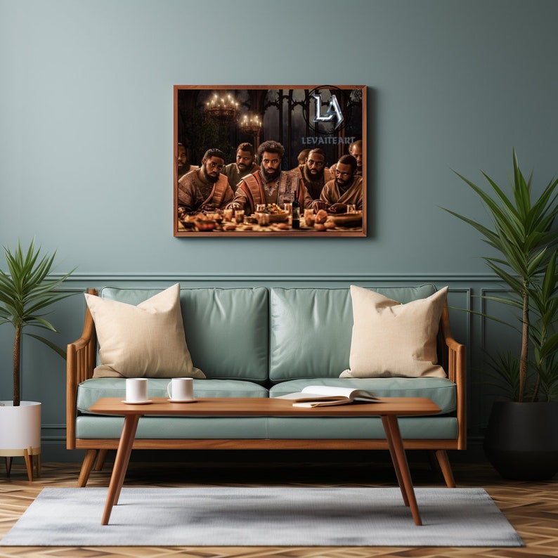 May include: A framed artwork depicting a group of men gathered around a table laden with food and drink. The artwork is in a dark, warm color palette, with the figures dressed in robes. The artwork is hanging on a teal wall above a green sofa.