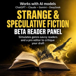 May include: An open book with a fantasy scene emerging from its pages, featuring a castle, a full moon, and a whale flying through a starry sky. Text reads: Works with AI models ChatGPT, Claude, Gemini, DeepSeek, STRANGE & SPECULATIVE FICTION BETA READER PANEL.