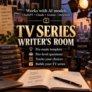 May include: A digital product titled TV SERIES WRITER'S ROOM featuring text Works with AI models ChatGPT, Claude, Gemini, DeepSeek. Includes a stack of books labeled Develop, Structure, Characters, Episodes, Pitch, Produce and an open notebook.