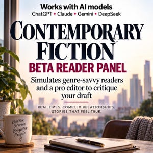 May include: A white ceramic mug with the text Better Stories Brighter People and a heart icon, sitting on a wooden table next to a notebook and pen. The background features text about a Contemporary Fiction Beta Reader Panel and AI models.