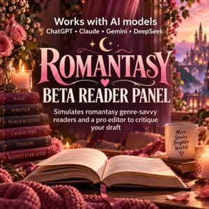 May include: A digital graphic featuring the text Works with AI models ChatGPT, Claude, Gemini, DeepSeek, ROMANTASY BETA READER PANEL, and Simulates romantasy genre-savvy readers and a pro editor to critique your draft. Includes books, a mug, and candles.