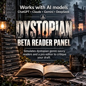 May include: A promotional graphic for a Dystopian Beta Reader Panel featuring an open book, a stack of labeled volumes, and a mug with the text Better Stories Brighter Tomorrows. The image includes text referencing AI models like ChatGPT, Claude, Gemini, and DeepSeek.