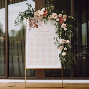 Modelo de gráfico de assentos de casamento Boho Pampas, plano de mesa de flores secas para impressão, pôster de assentos moderno editável, download instantâneo EWIT83