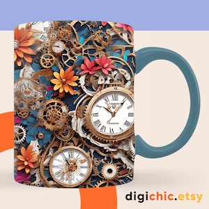 Steampunk Floral Gears Mug Wrap: 3D Sublimation Design (PNG)