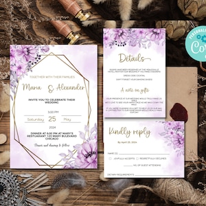 Lilac Floral Wedding Invitation Template: Lavender & Gold (Digital Download)