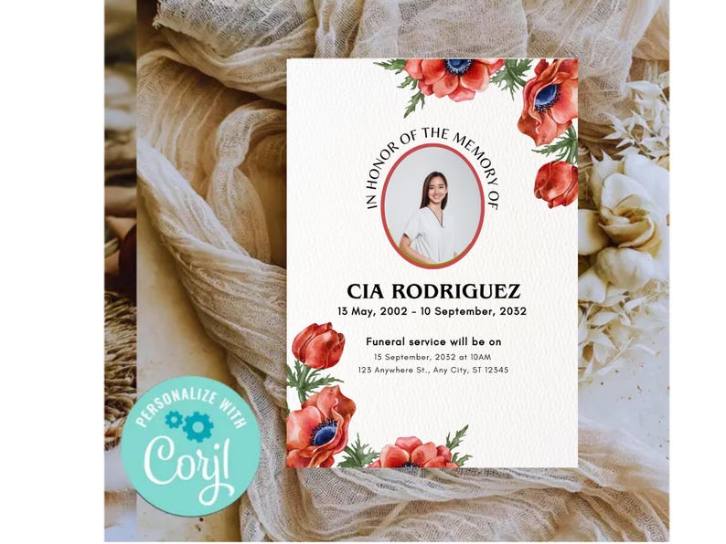 Red Floral Funeral Program Template | Watercolor Obituary Pamphlet ...