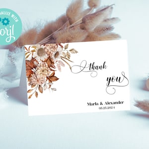 Boho Hochzeit im Herbst Danke Karte Vorlage Printable Herbst Floral Danke, Bearbeitbare Erde Ton Blumen Danke Hinweis Sofort Download EWIT57