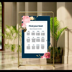 Navy Floral Wedding Seating Chart Template (18x24, 24x36, A2, A1)
