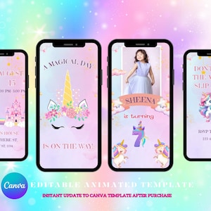 Unicorn Birthday Video Invitation | Pastel Animated Invite for Girls | Digital E-Invite | Editable Unicorn Party Template