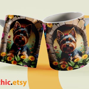3D Yorkshire Terrier Hole In A Wall Mug Wrap, 11oz & 15oz Mug Template,Dog Mug Sublimation Design, Mug Wrap Template, Coffee Mug Wrap PNG