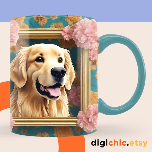 3D Golden retriever dog mug, 3D Floral golden retriever 11oz,15oz Mug Sublimation Wrap, Digital Download Mug PNG, 3D Mug Wrap Coffee Mug PNG