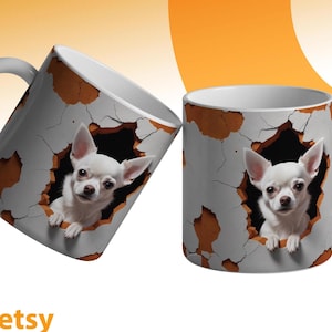 3D White Chihuahua Hole In Wall Mug Wrap 11oz & 15oz Mug Template, 3D Dog Mug Sublimation Design Mug Wrap Template PNG Instant Digital
