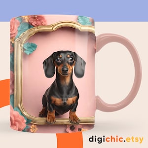 3D Dachshund Dog Mug, 3D Floral Dog Floral Machine 11oz,15oz Mug Sublimation Wrap, Digital Download Mug PNG, 3D Mug Wrap Coffee Mug PNG