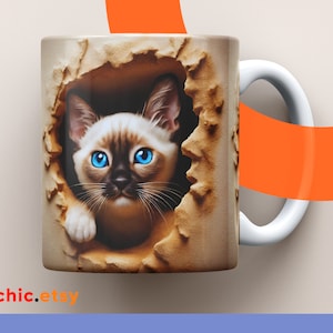 Siamese Kitten Mug Wrap: 3D Cat Hole-in-Wall Design (PNG Digital Download)