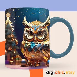 3D Golden Owl Mug Wrap, Christmas Owl PNG, 3D Christmas Owl Mug Wrap Sublimation Design PNG, 3D Floral 11oz and 15oz Owl Mug Wrap