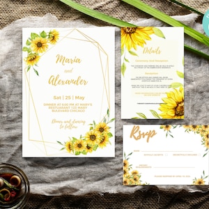 Gold Sunflower Wedding Invitation Set,  Gold Flower Wedding Invite Bundle, RSVP, Detail, Program, Corjl Digital Download, EWIT157