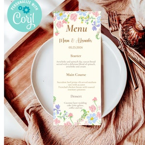Plantilla de menú de flores silvestres coloridas clásicas Flores de jardín Tarjeta de menú de boda imprimible Boho Primavera Floral Ducha nupcial instantánea, EWIT190