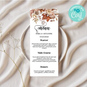 Plantilla de menú de boda de otoño Boho, menú de mesa floral de otoño imprimible, decoración de menú de flores de tono tierra rústica editable, descarga instantánea EWIT54