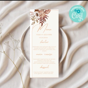 Plantilla de menú de boda Boho Pampas, tarjeta de menú de mesa de flores secas imprimible, menú de terracota de hierba de pampas editable, descarga instantánea EWIT77