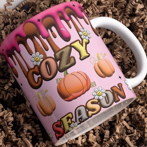 3D Cozy Season Fall Inflated Mug Wrap, 3D Fall Coffee Puffy Mug Wrap, 3D Puff Pumpkin Cozy Season 11oz 15oz Mug Png, Autumn Pumpkin Png