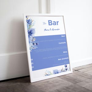 Blue Floral Bar Menu Wedding, Floral Wedding Bar Sign Template, Minimal Bar Menu Digital Download Dusty Blue Signature Drink Signage EWIT218