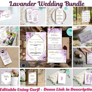 Lilac Wedding Invitation Template Bundle: Lavender & Gold (Corjl)