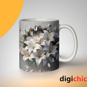 3D White Lilies Flowers Mug Wrap, 11oz And 15oz Mug Template, Mug Sublimation Design, Mug Wrap Template, Instant Digital Download PNG