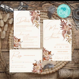 Boho Pampas Wedding Invitation Set, Printable Arch Wedding Invitation Template, Terracotta, Rust, Editable Invitation Editable Modern EWIT74
