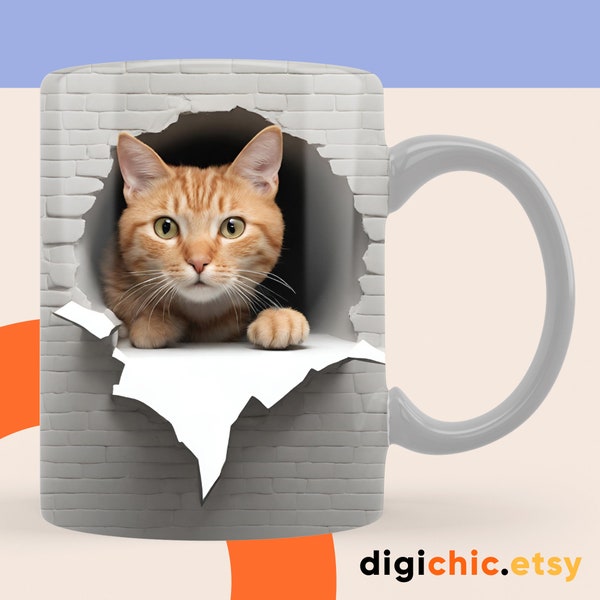 3D Kitten Hole In A Wall Mug Wrap, Cat Mug Wrap Sublimation Design PNG, 11oz and 15oz Coffee Cup Template, 3D Cute Cat Mug Press Design