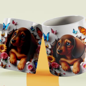 3D Dachshund Dog Mug, 3D Floral Dog Floral Machine 11oz,15oz Mug Sublimation Wrap, Digital Download Mug PNG, 3D Mug Wrap Coffee Mug PNG