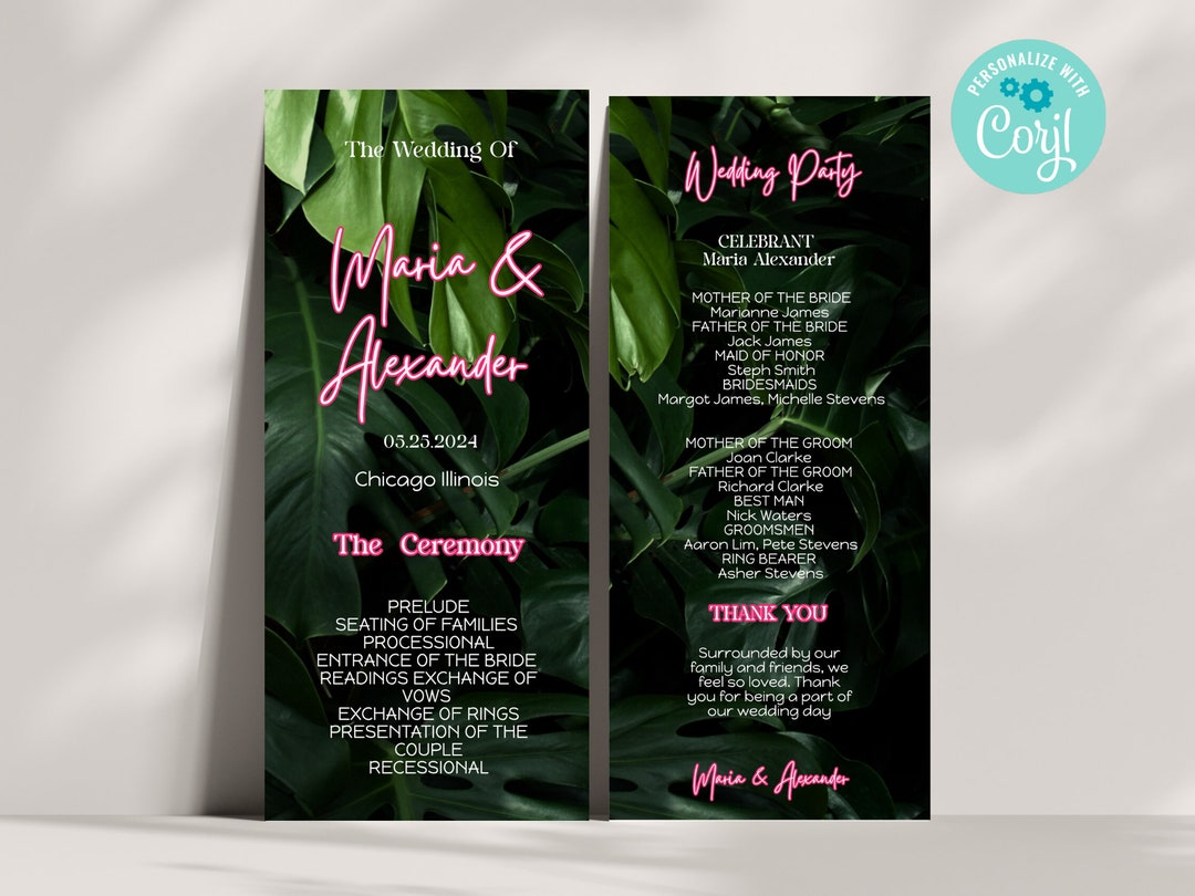 Neon Tropical Program Template Printable Beach Destination Wedding ...