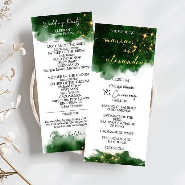 Emerald Watercolor Wedding Program Template Printable Hunter Green & Gold Order of Ceremony Editable Modern Program, Instant Download EWIT42