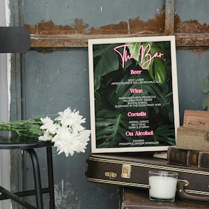 Neon Tropical Bar Menü Vorlage, druckbare Strand Ziel Hochzeit Getränke Schild Moderne Blätter Bearbeitbare Getränkeliste Sofort-Download EWIT107