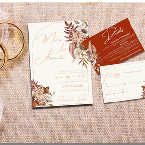 Boho Pampas Wedding Invitation Set, Printable Arch Wedding Invitation Template, Terracotta, Printable, Corjl INSTANT, Digital Download