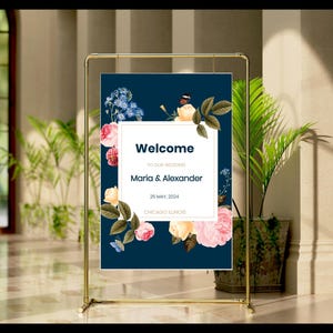Navy Blue Floral Wedding Welcome Sign Editable Template, Printable Navy Blue Modern Wedding Welcome Sign, Reception Welcome Sign EWIT178