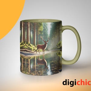 3D Deer in Forest and Lake Reflection Mug Wrap, 11oz & 15oz Mug Template, Mug Sublimation Design, Mug Wrap Template, Digital Download PNG