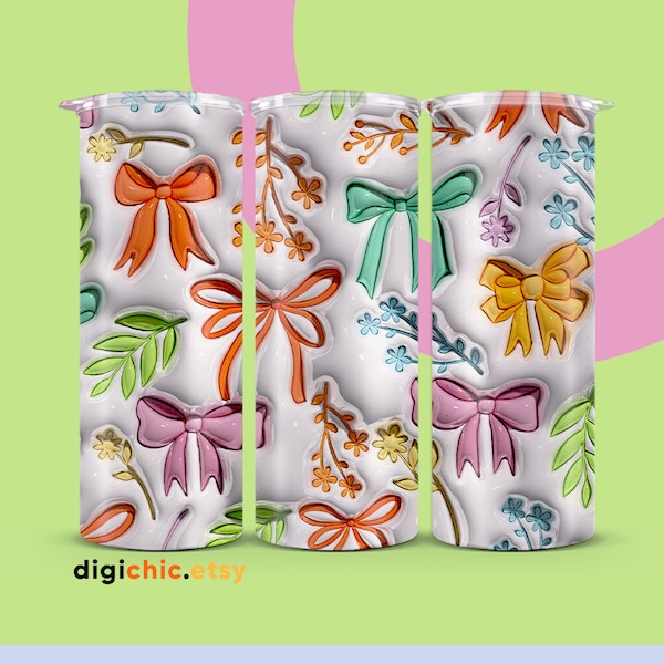 3D Inflated Bows and Flowers, 20oz Skinny Tumbler Sublimation Design, Digital Download PNG, Puffy Colorful Tumbler Wrap, Straight